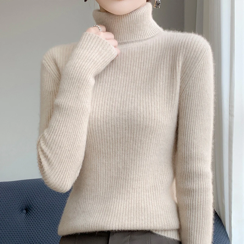 Factory Wholesale Autumn Winter Warm Knitted Tops Ribbed Pullneck Pullover High Neck Turtleneck Sweater For Women