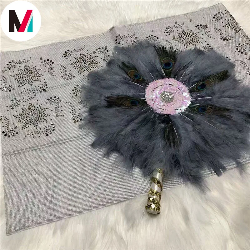  Оптовая продажа африканские камни и бусины aso oke gele Нигерия фанаты из зеленых перьев для женской
