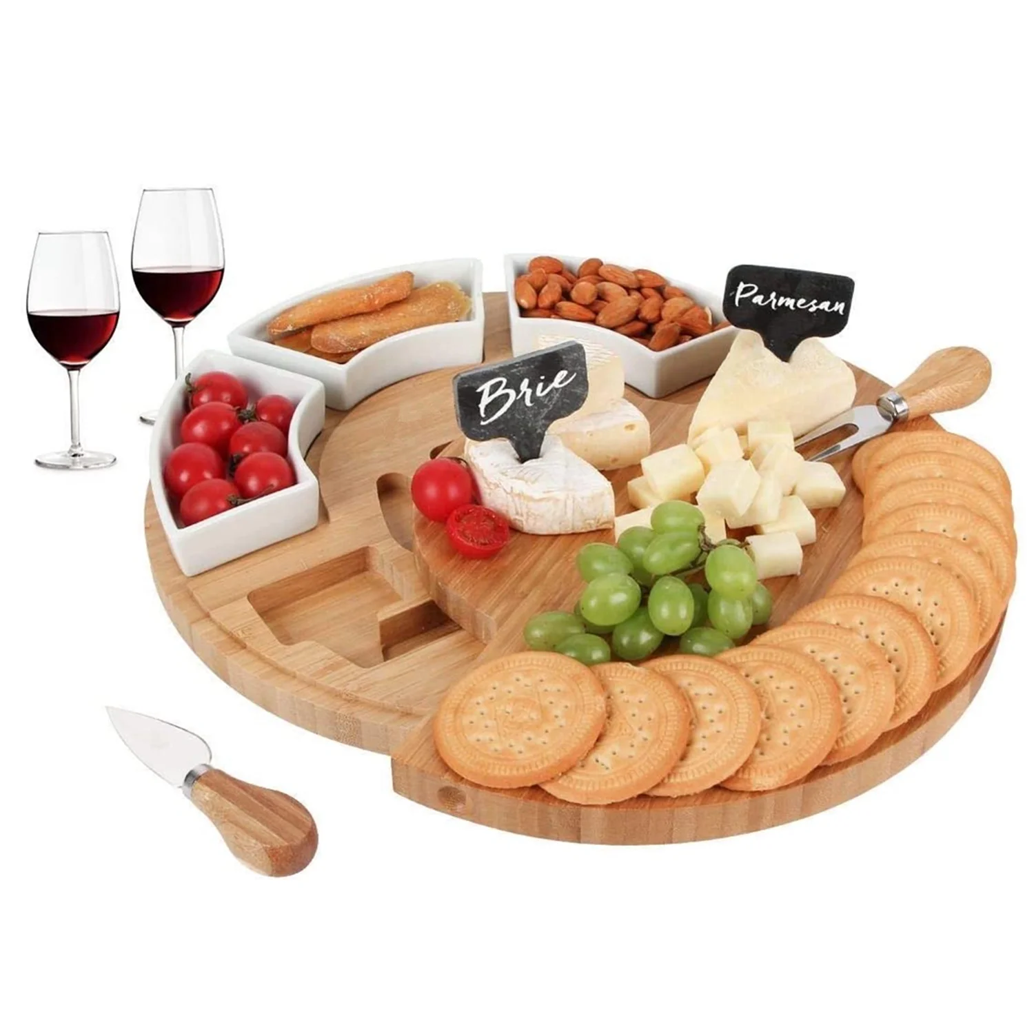 Bamboo Rotating Round Cheese Charcuterie Board and Stainless Steel Knife Set Cheese Serving Platter Tray for Unique Gift