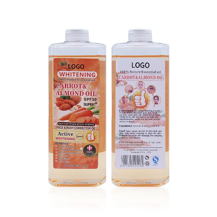High Quality logo OEM 1000ml bitter almond 100% Pure gold carrot & almond essential oil Skin Care effective carrot almond oil