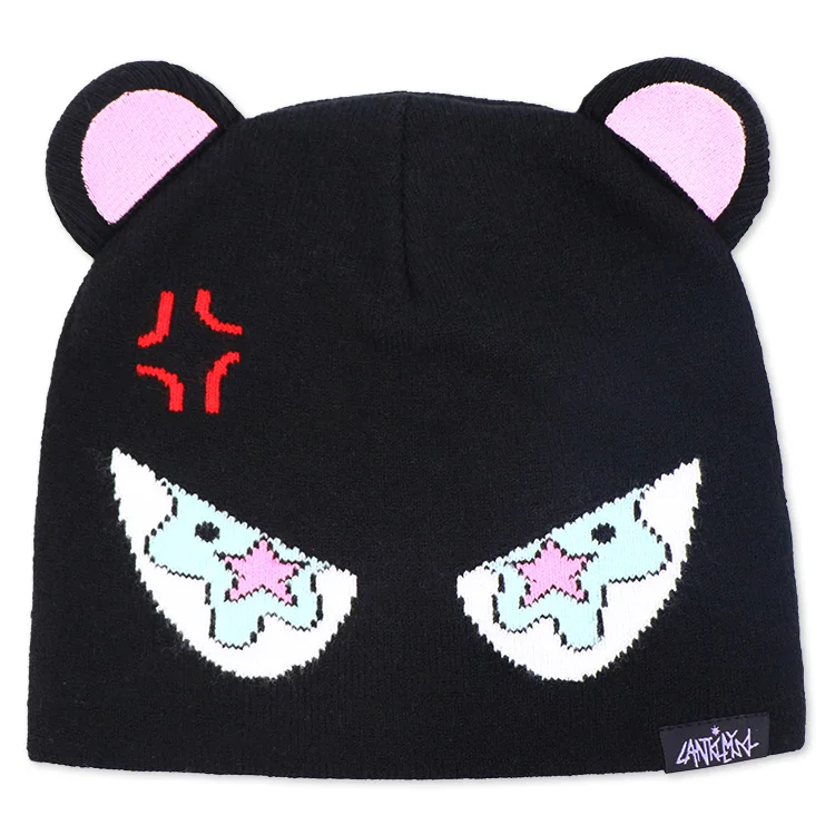 Fashion New Style Girls Boys Warm Black Cute Hat Acrylic Customize Embroidery Knitted Beanie hat with Ears