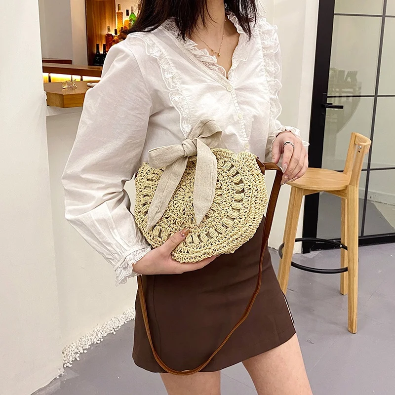 Cute bow crossbody woven handmade crochet round beach bag