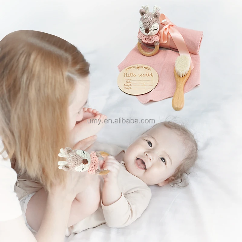 Hochet Crochet Teether Baby Teether Wood Ring Teething Toys Bpa Free Wooden Baby Teether Teething Toys for Babies 0-6 months