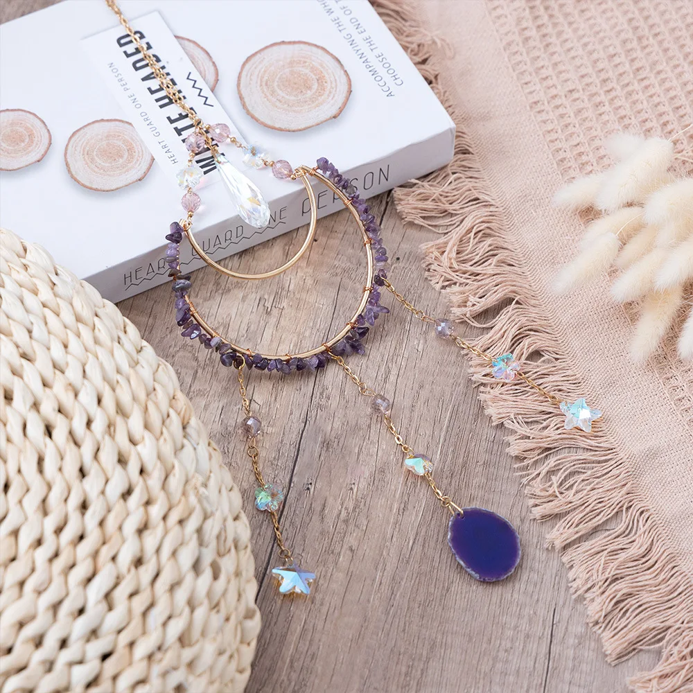 Natural Amethyst Agate Slice Hanging Moon Sun Catcher Crystal Wind Chimes Indoor Outdoor Home Garden Decor