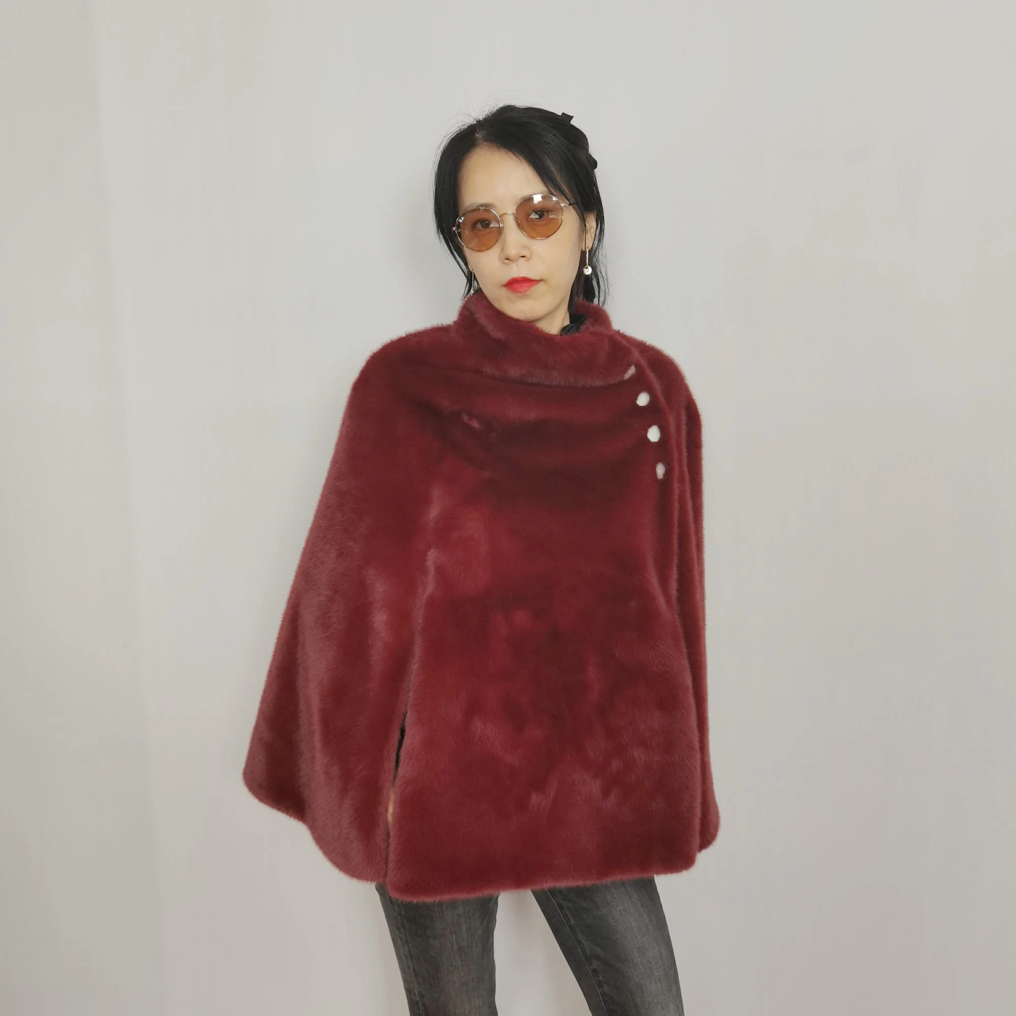 Wholesale Women Winter Warm Custom cashmere wool high quality Faux Fur poncho lady Fluffy rabbit cape women fur shawl