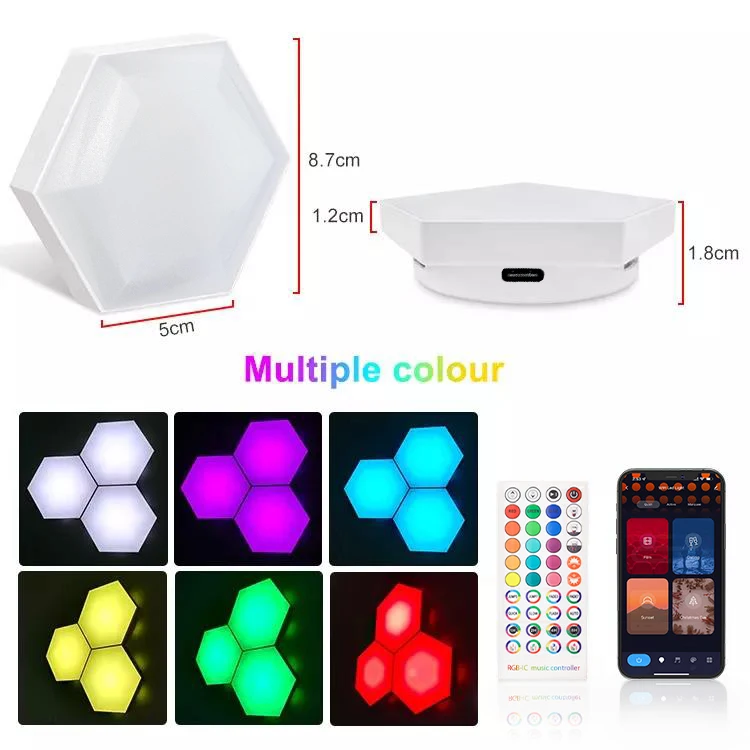 Remote Control Hexagon Wall Light,Smart Wall-Mounted Touch-Sensitive DIY Geometric Modular Assembled RGB led Colorful