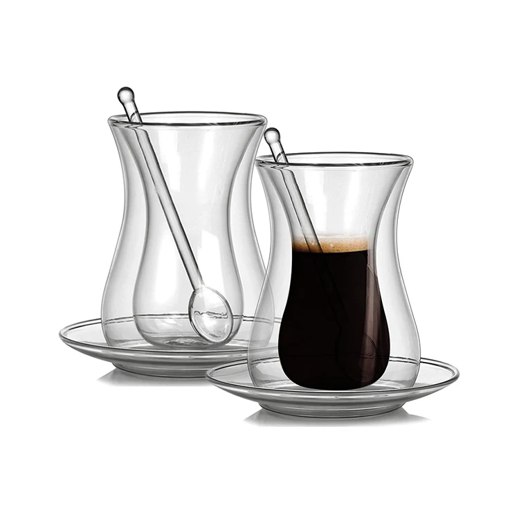 Double Wall Turkish Clear Glass Tea Mug Cup Set with Spoon and Dish