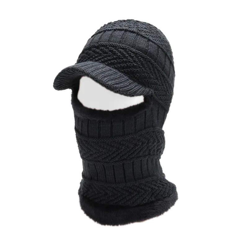 Men Bib Integrated Windproof Winter Hat Full Face Hood Visor Skull Headgear Fleece Lined Warm Hat Scarf Two Piece Set