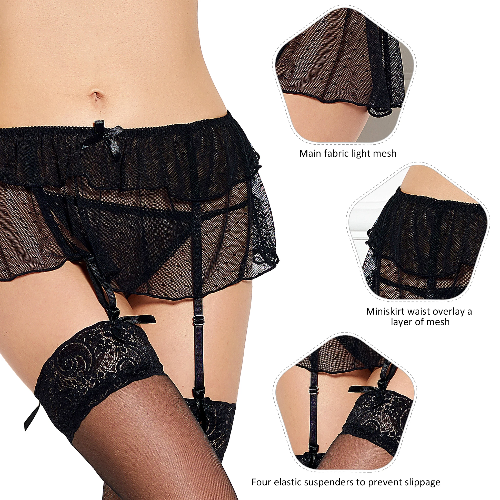 In Stock High Waist Mesh Lace Cute Bow Tie Women Lingerie Garter Panties