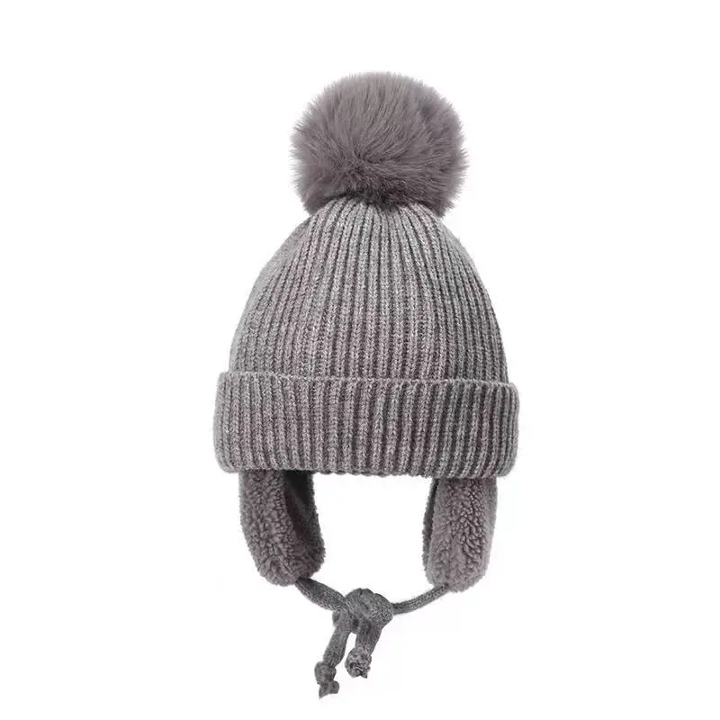 Ruimantike    Wholesale Cute Earflap Hat Beanie Cold Winter Child Kids Baby Knit Hat with Fur Pom Pom Ball