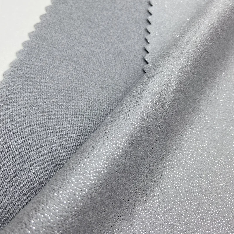 Новый продукт, растягивающаяся трикотажная замшевая ткань из 91% полиэстера с принтом из блестящей фольги и 9% спандекса для одежды