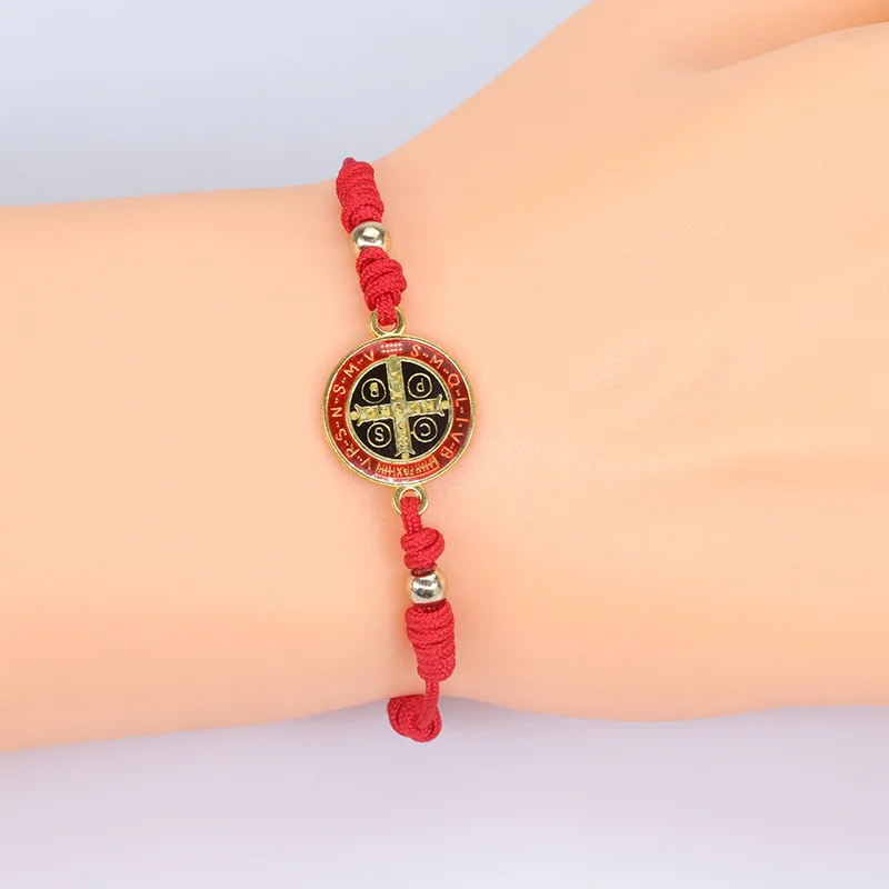 Rope Braided St. Benedict Virgin Mary Saint Jude Rosary Handmade Red String 7 Knitted Cross Woven Bracelet Christian Prayer