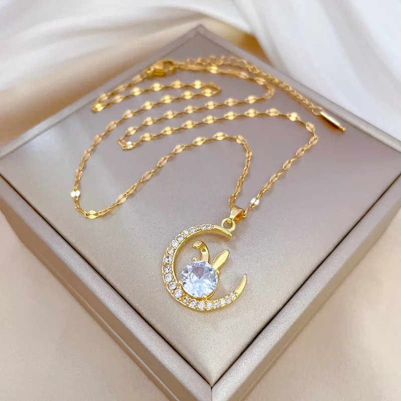 Sparkling Zircon Moon and Rabbit Pendant Necklace Gold Plated Stainless Steel Zircon Cz Pendant Necklace Gifts Women Jewelry