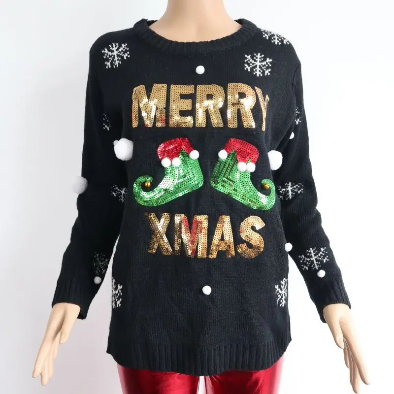 
Ugly Christmas jacquard sweater sequin embroidery knit cardigan and winter Elf ,gift box, pullover with bells ,pompoms 