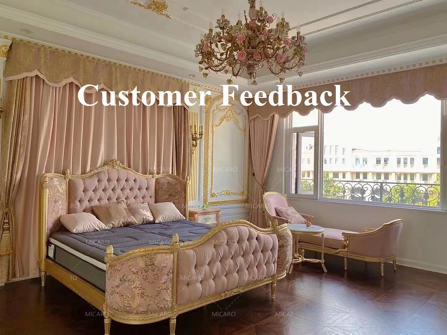 Luxury European style French classic solid wood gold bedroom furniture set for girls