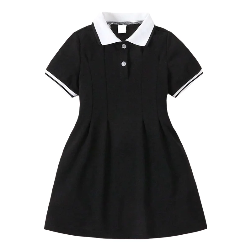 Wholesale Solid Black Custom Printed 100% Cotton Summer Dress for Girl Kids Party Polo Dresses Organic Bamboo Girl Dresses