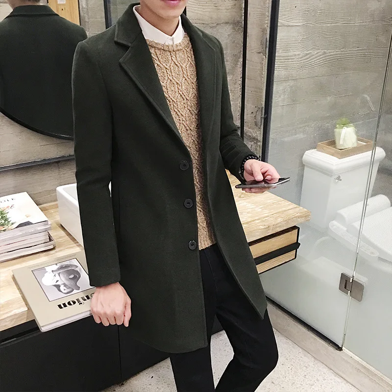 Solid Color Casual Fashion Men Long Coat Breathable Thermal Wool Coat Trench Coat