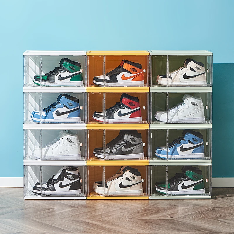 Acrylic clear giant shoe case sneaker storage box transparent stackable nike shoe boxes drop front black shoe boxes