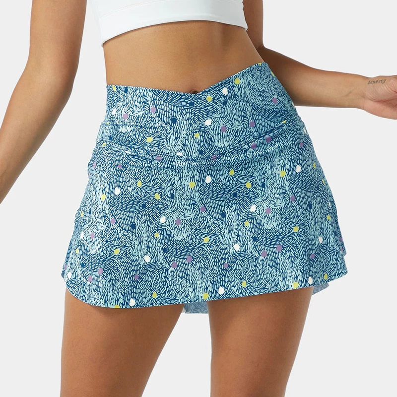 OEM New Design Wholesale Women Breathable Floral Printed Dress Everyday Crossover Side Pocket 2-in-1 Tennis Skirt-Lucid