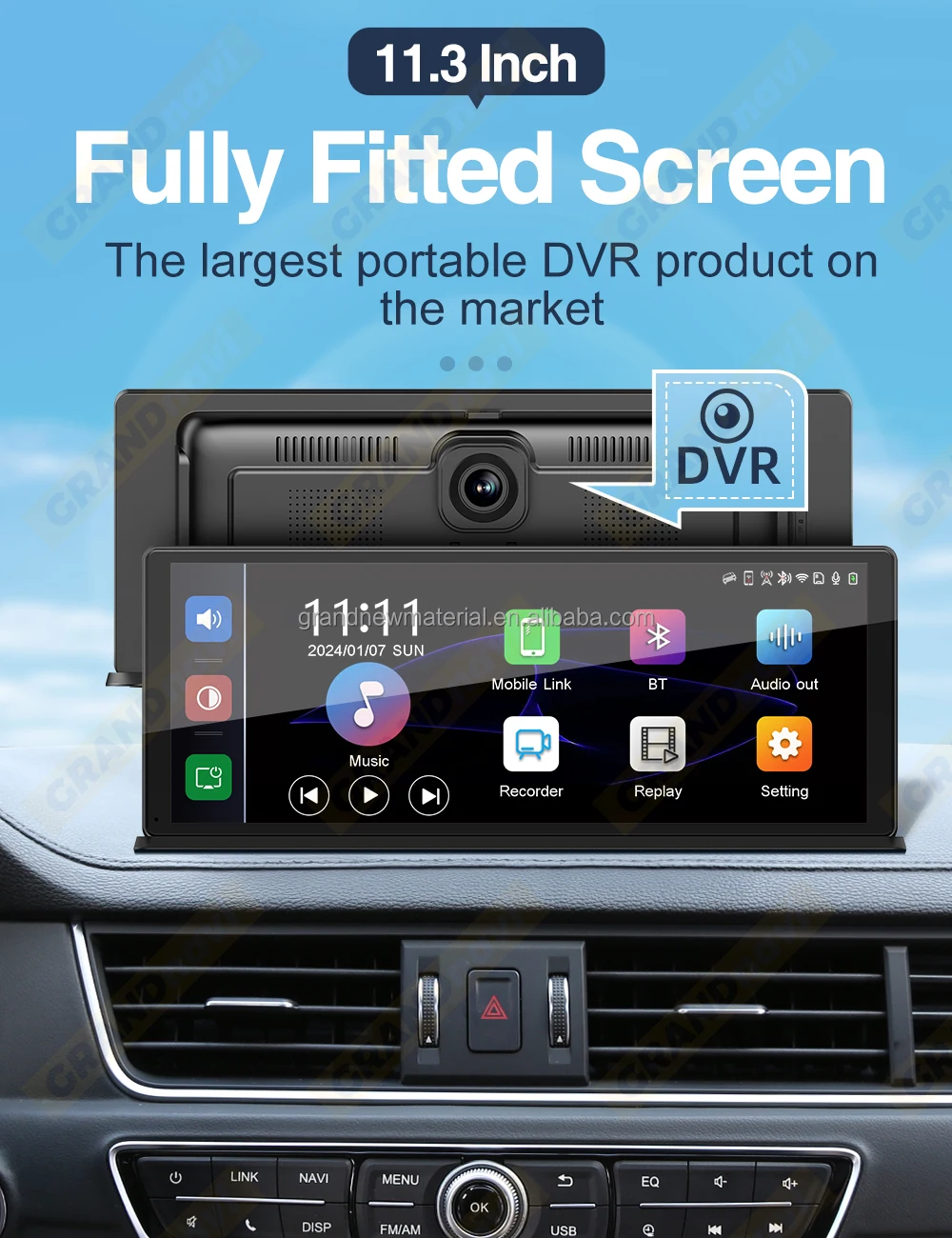 GRANDnavi Universal 11.3 inch Portable Navigation Device Dash Cam Wireless Carplay Android Auto BT Wifi Dual Len Video Recorder