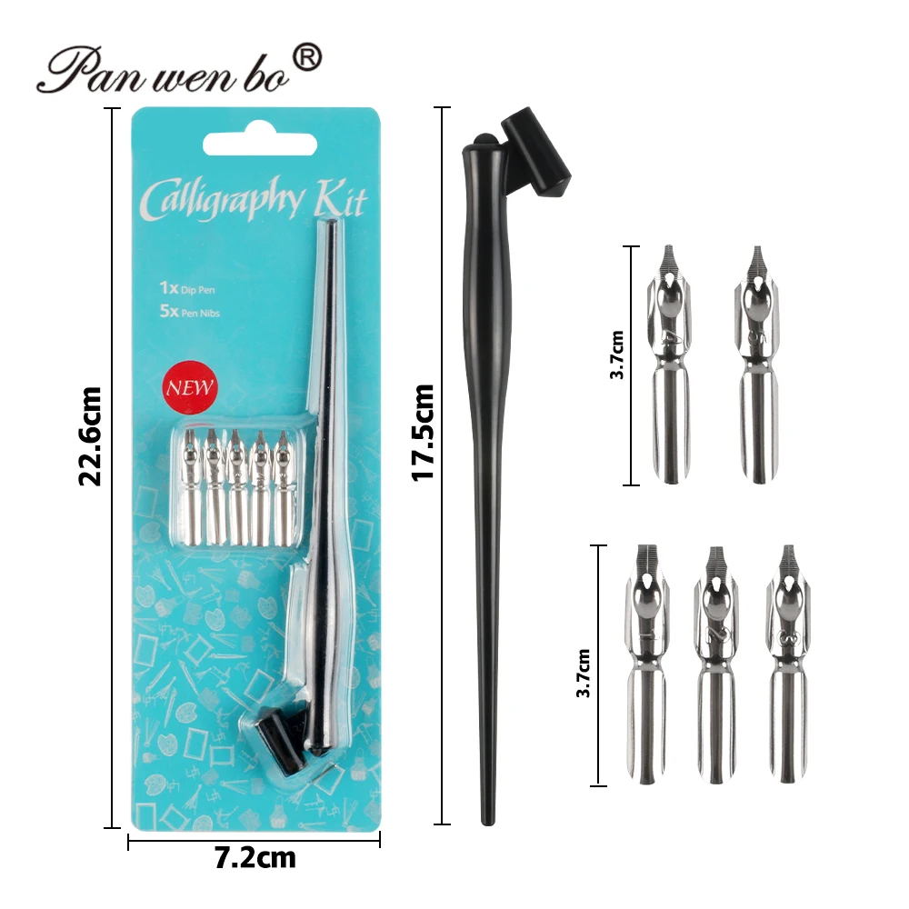 Panwenbo Plastic Handle Drawing Tip Pen Set Calligraphy Dip Brushes with 5 Replaceable Nibs