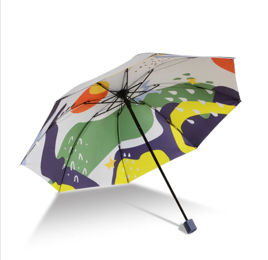 Newest Colorful China Amazing Customized Design Wholesale Printing 3 Folding Manual open Umbrella with Anti UV black coated