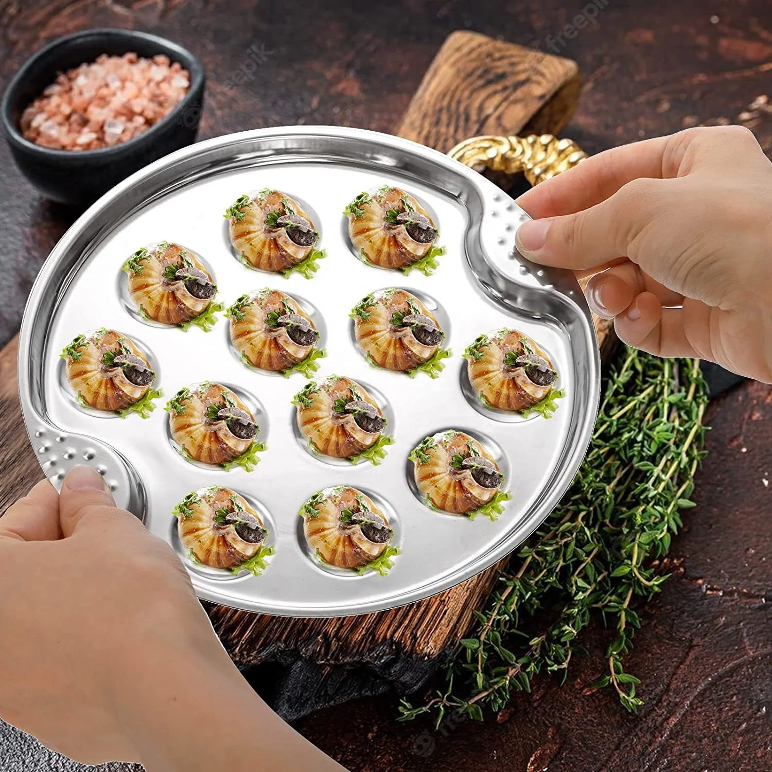 New Product Ideas 2024 French Cuisine Stainless Steel Escargot Plates Seafood Snail Dish Escargot Tong Escargot Dish Server