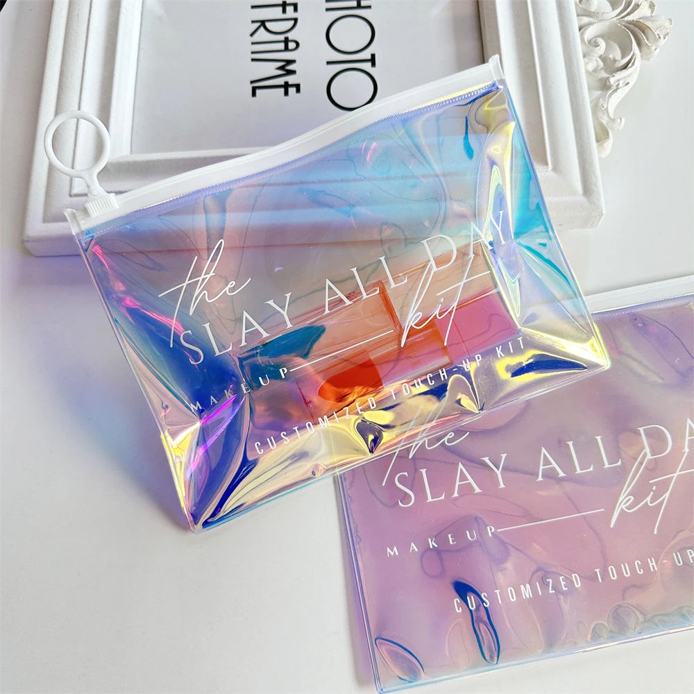 Luxury Custom Logo Holographic Laser PVC Plastic Cosmetic Ziplock Small Bag Reusable Iridescent Packaging Zipper Bag