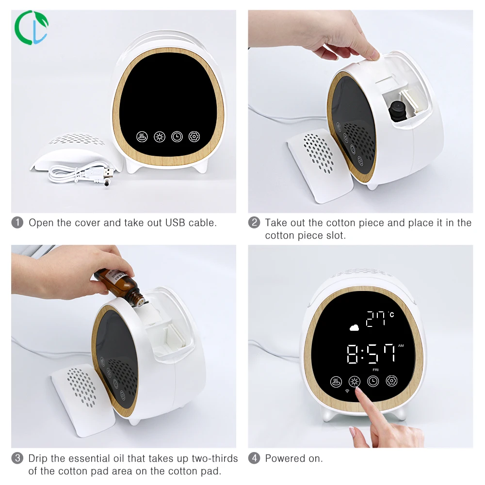 Hot Sales Wood Clock Tuya App Smart WIFI Essential Oil Diffuser Alarm Air Humidifier Aroma Diffuser