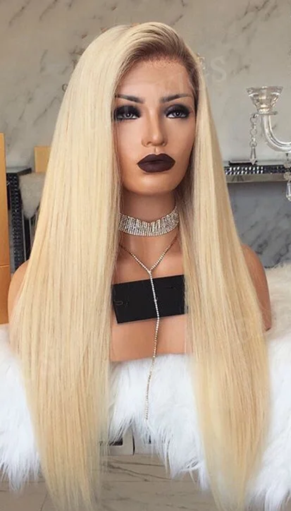 
Top quality brazilian virgin hair blonde ombre dark roots human hair lace front wig 