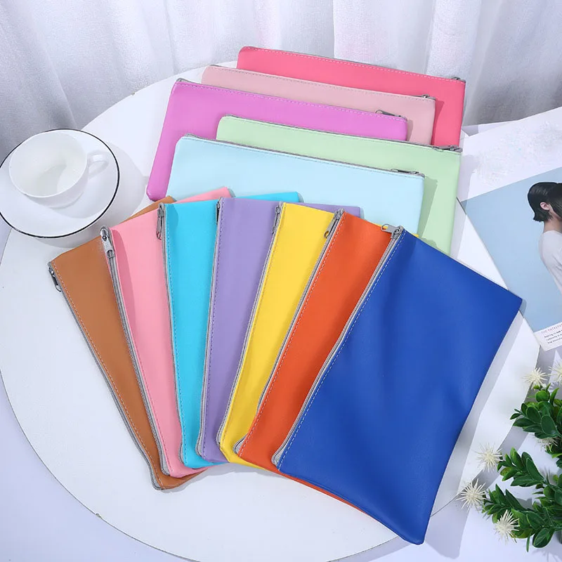 PU leather storage bank money pouch Custom Multi-color Portable Bill Cash Bag with Zipper Waterproof file document bag
