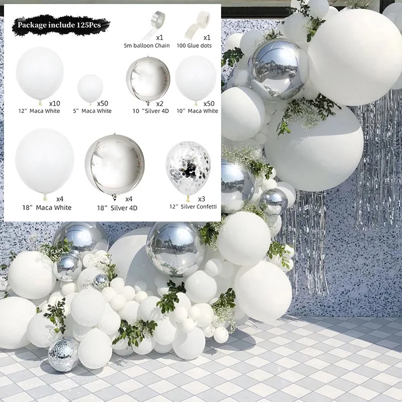 125 Pieces 4D Silver Foil Balloons Arch set Macaron White Balloons Garland Arch Kit For Birthday Baby Shower Decorations