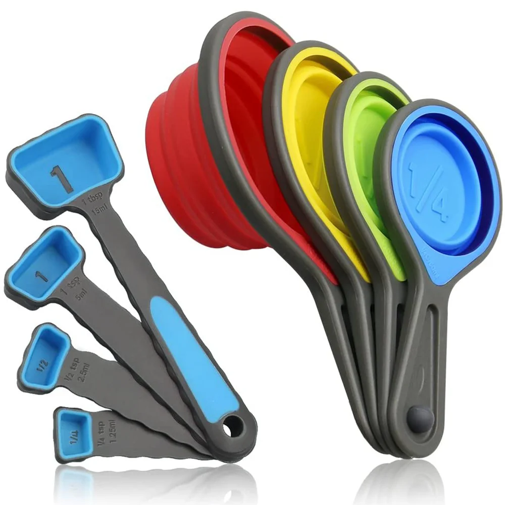 Custom collapsible silicone measuring cup and foldable silicon spoon set -  250ml 125ml 80ml 60ml 15ml 5ml 2.5ml 1.25ml .