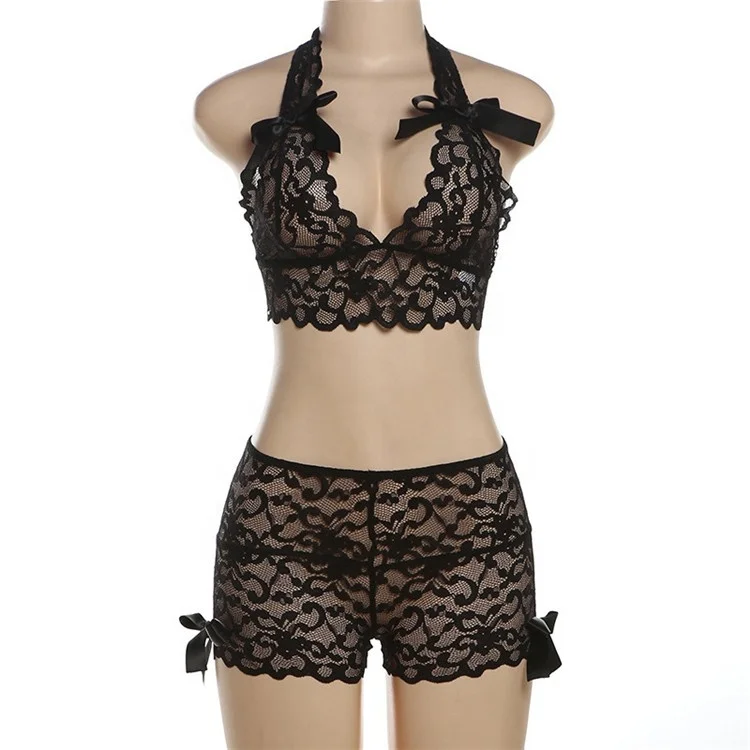 Summer Lace Sheer Sexy Bow 2 Piece Set Midnight Clubwear For Woman 2024 Halter Backless Bra Tops And Shorts Matching Set