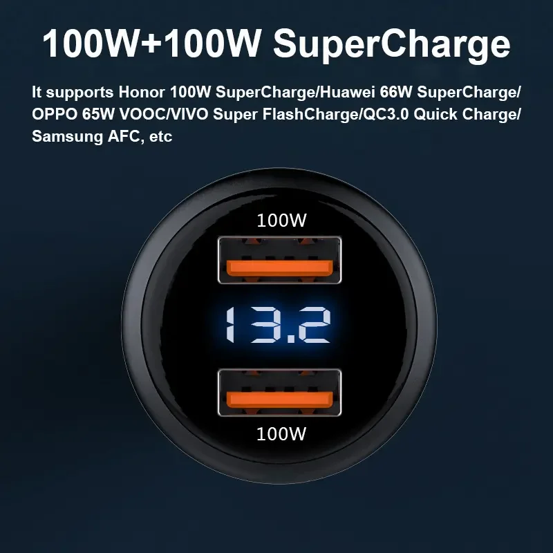 Дпрп зарядное устройство с двумя портами 200W USB Автомобильное дисплеем напряжения 2 QC3.0 USB-A 100W 66W SuperCharge для Huawei Честь VIVO OPPO Xiaomi
