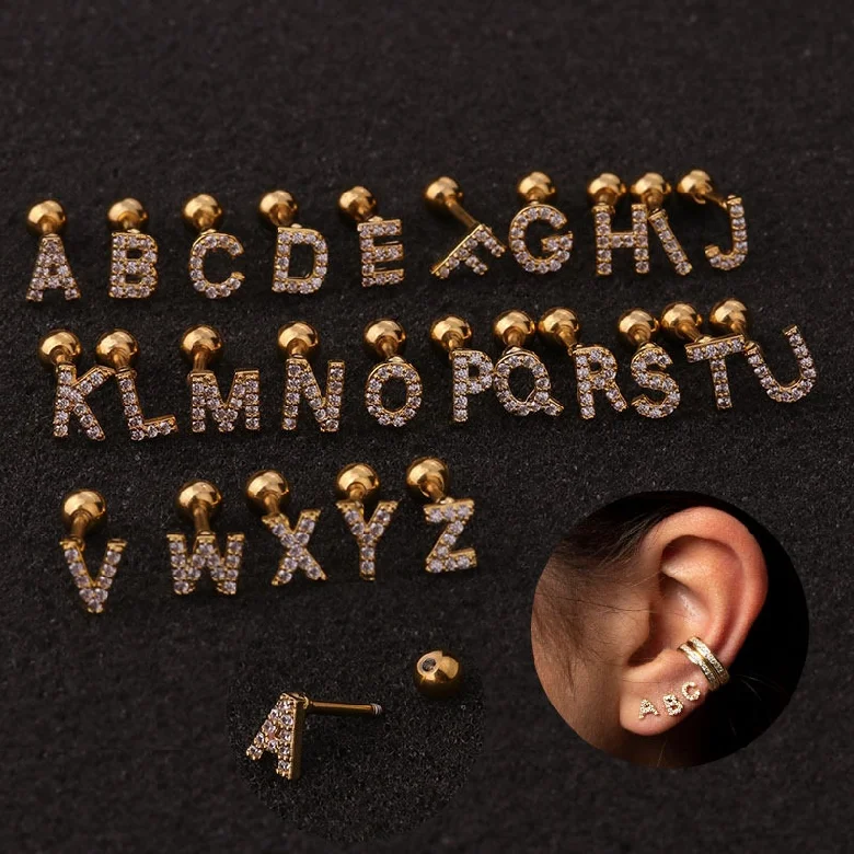 Hot Selling Jewelry Gold Plated Stainless Steel CZ 26 Letters Ear Piercing Cartilage Screw Back Stud Earring For Women