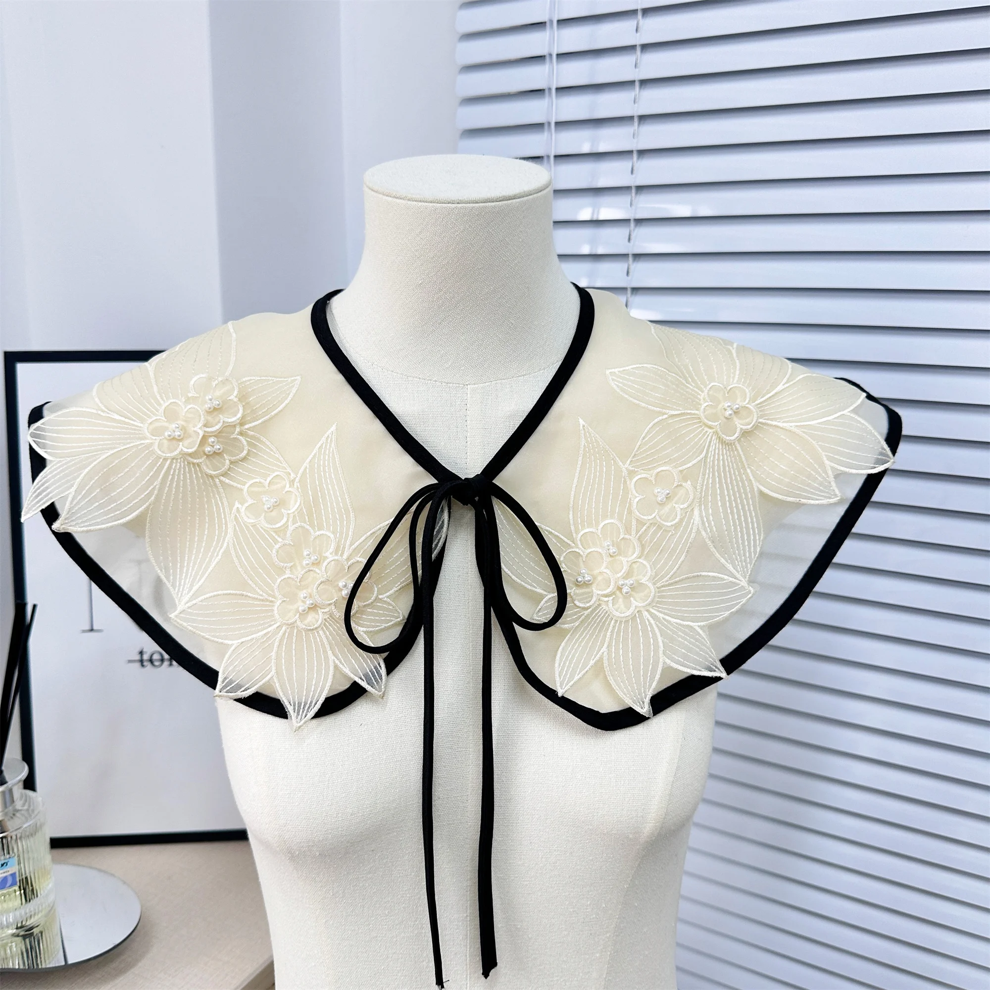New Apricot Double Embroidered Bead Flower Sweet Strap Bow Shawl