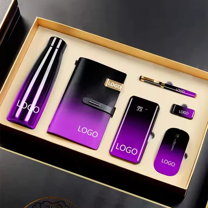 Free  Custom Corporate Luxury Gift Set 4-in-1 Promotion Business Kit with Power Bank Mouse Pen Flocking Graphic Print Christmas
