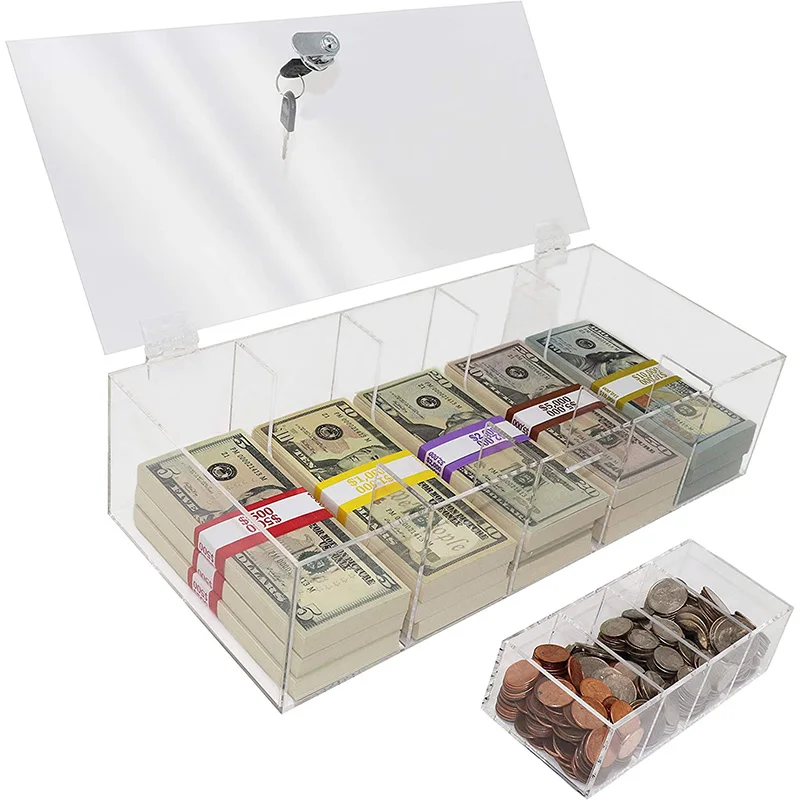 5 Compartment Acrylic Money Storage Box Locking Currency Tray Cash Organizer with Lockable Cover
