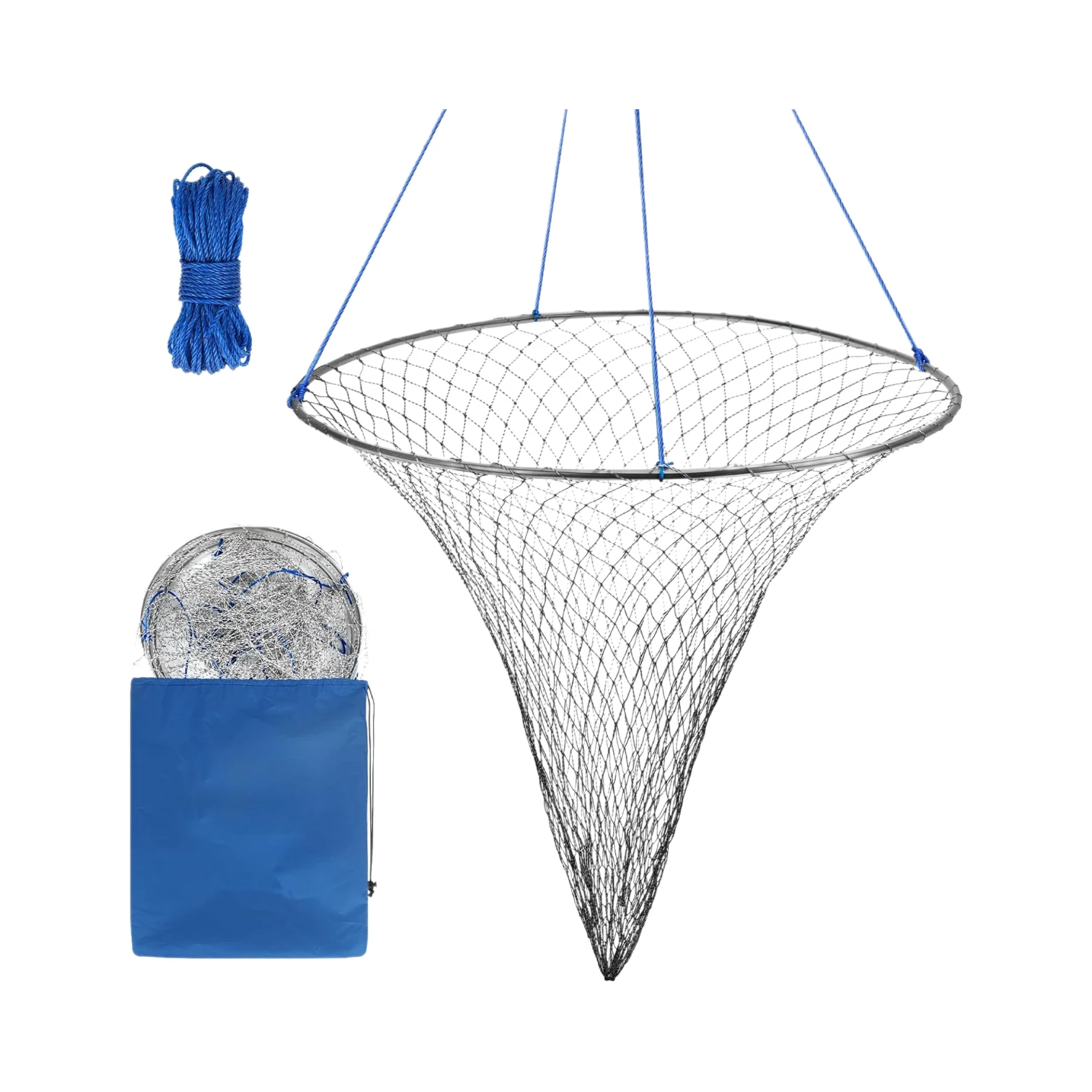 Bridge and dock nets collapsible drop nets suitable for line dock fishing with durable soft steel hoops and nylon nets