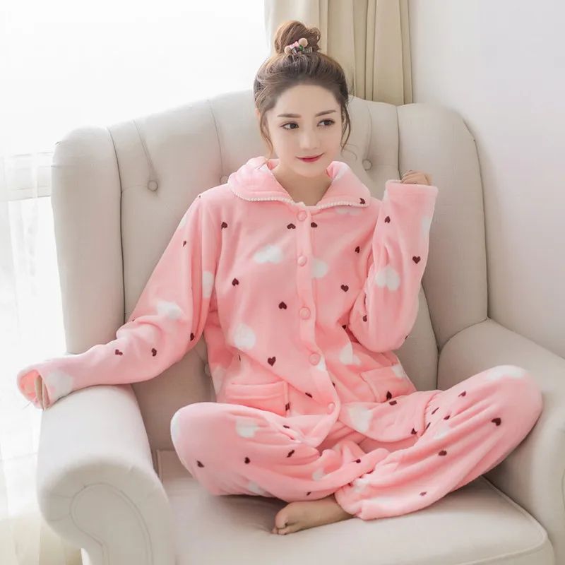 Wholesale Women Printed Keep Warm Flannel Plush Lapel Winter Pajamas set Sleepwear For Female cartoon Casual