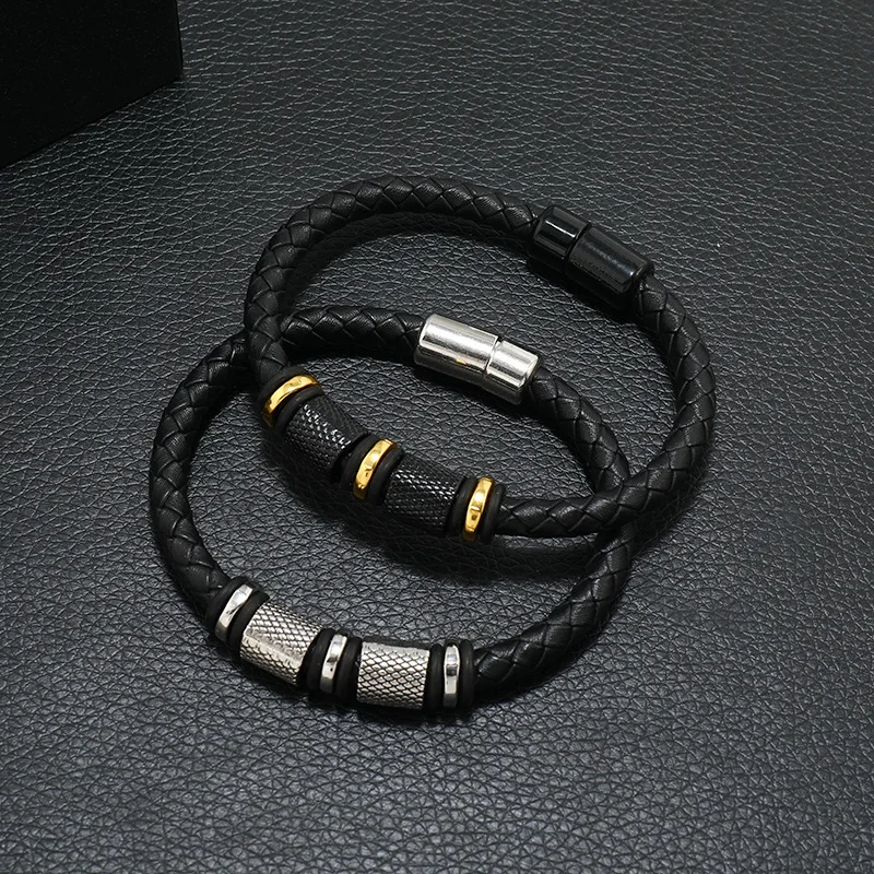 High Quality Personality Metal Beads Magnetic Clasp Leather Bracelet Men Leather Hand Rope Bracelets Jewelry