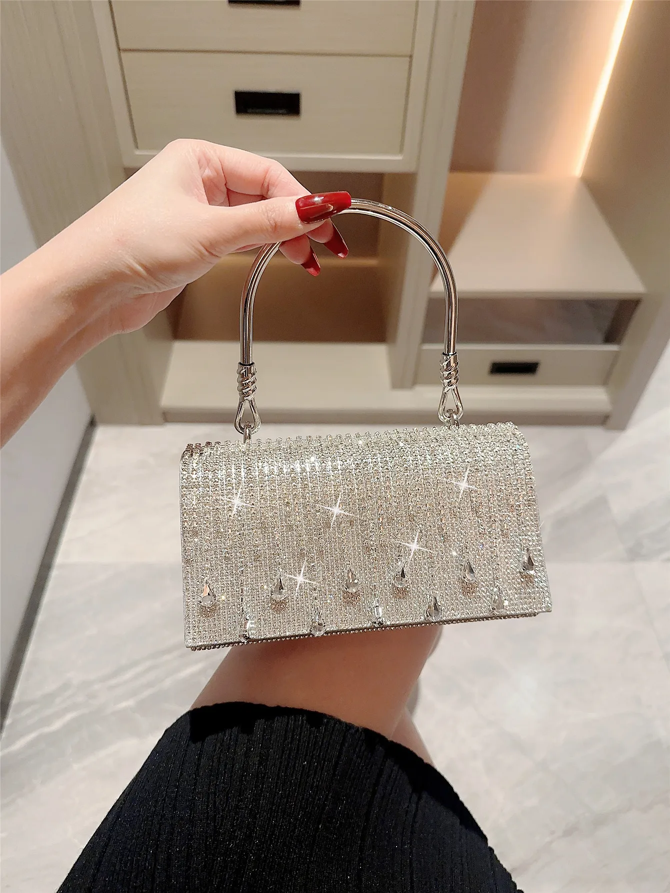 Tassel Rhinestone Handbag Evening Bag For Women Shiny Crystal Sparkle PU Clutch Dinner Bag Wholesale