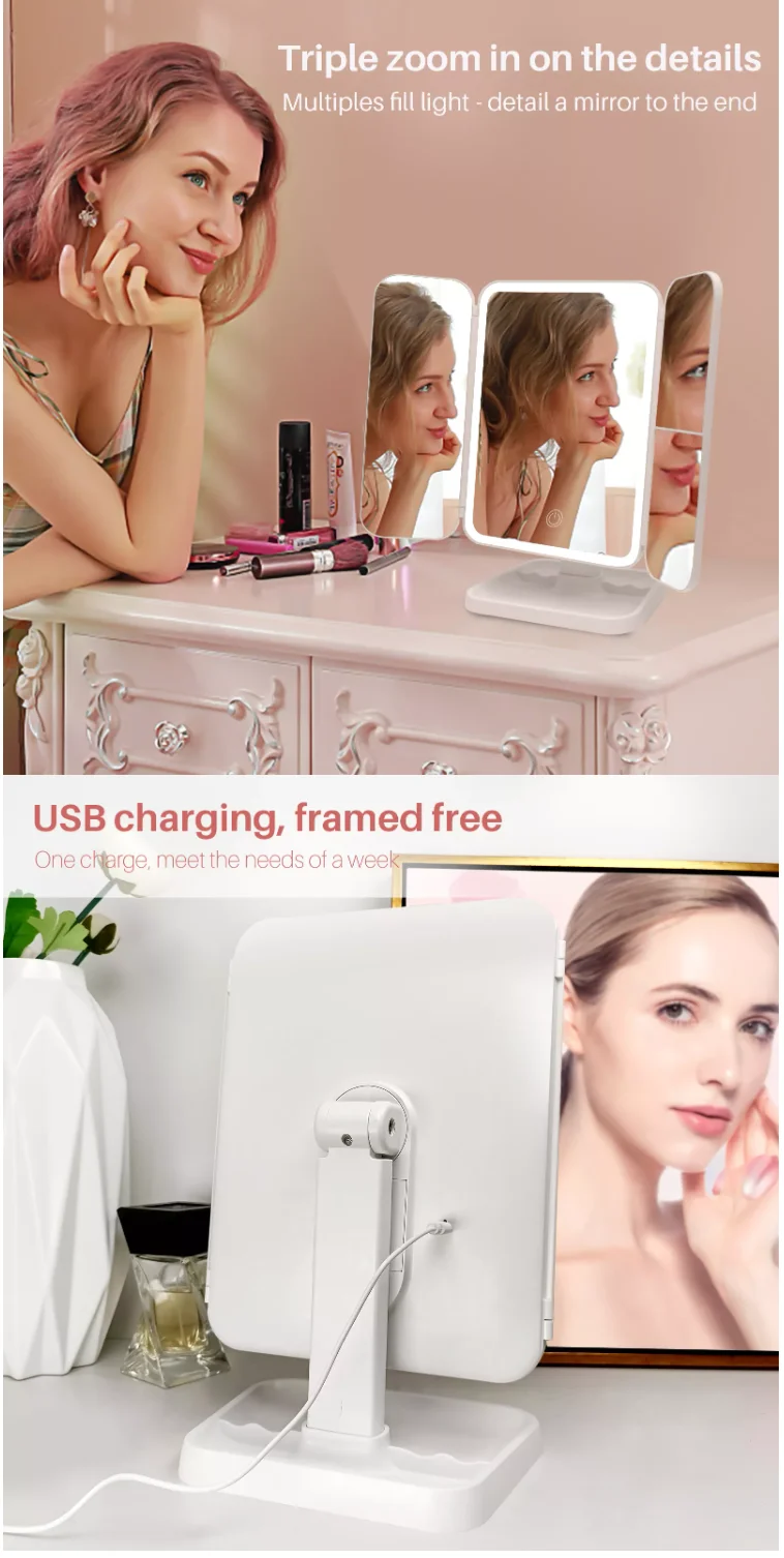 desk lamp three-sided folding touch sensor 180 degree rotating vanity magnifying wall mounted led foldable make up mirror