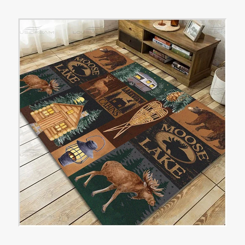Country Style Farmhouse Lodge Bear Moose Deer Soft Rug Square Flannel Home Rug Vintage Home Living Room Floor Mats Bedroom Rug