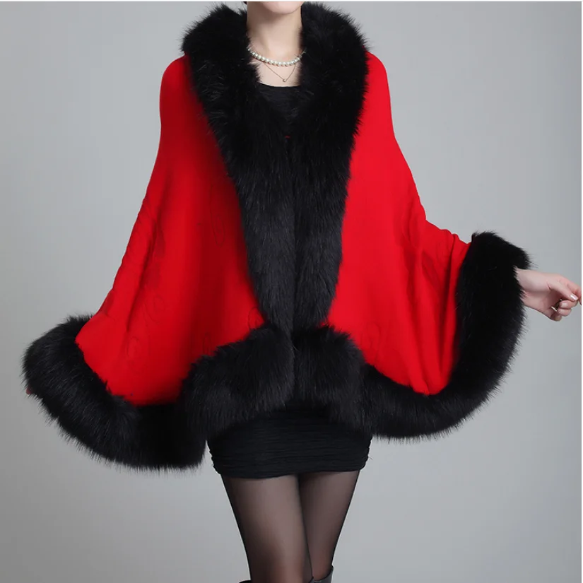 Модное женское пальто из искусственного меха на осень и зиму кожаное пончо с воротником лисьего накидки Женская шаль накидка шерстяное меховое
