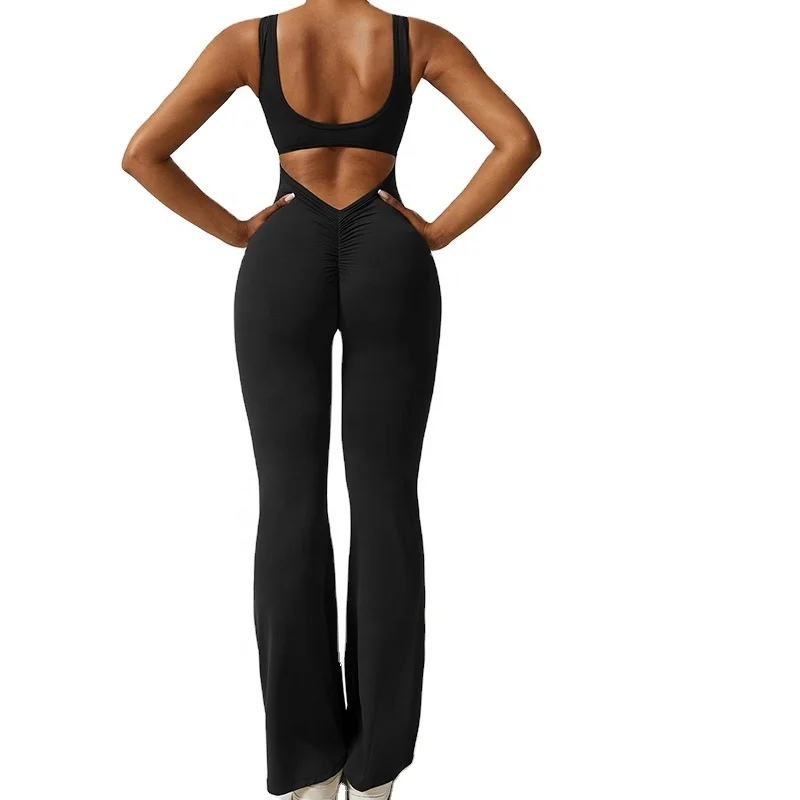 CLT8260 V Back Flare Jumpsuits for Women Built-in Bra Romper Full Length Unitard One Piece Jumpsuits Gym Wear Activewear