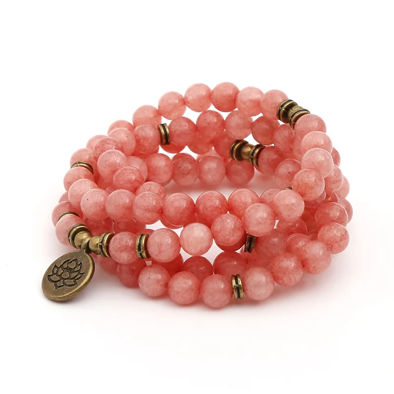 Natural Mashan Jade Watermelon Red Bracelet Gemstone Red Agate White Line Stone Carved Coral Beads
