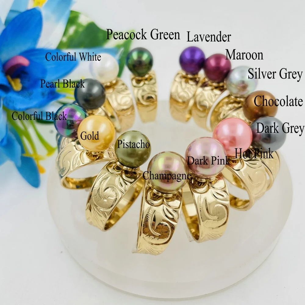 JX113 pearl ring 15 colors 6 sizes all ready to ship 12mm wide ring with 12mm shell pearls Hawaiian plumeria ring Samoan jewelry
