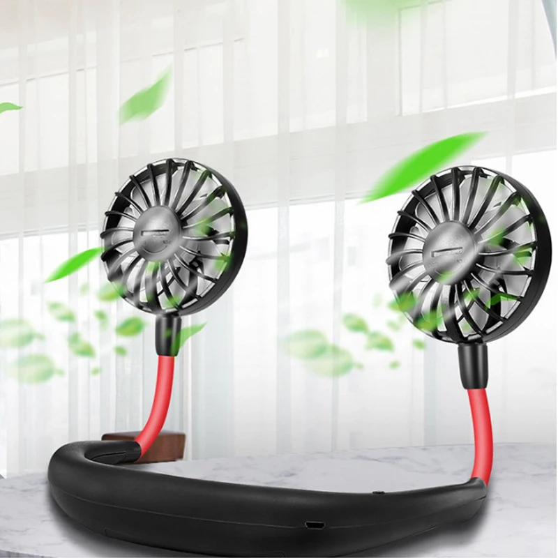 
Classic black and red convenient fan USB rechargeable 2000mAh adjustable three-block fan hanging neck fan 